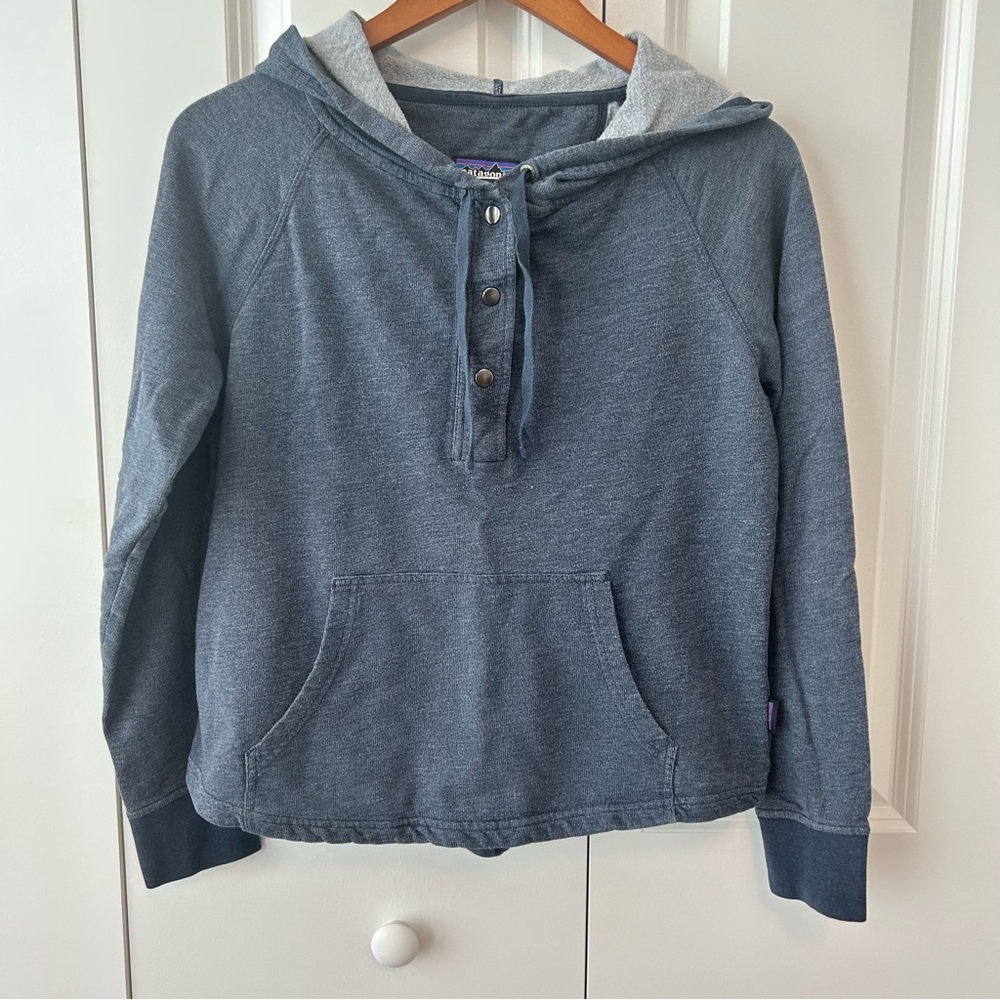 Patagonia Blue Hooded Sweatshirt with Snap Button Detail